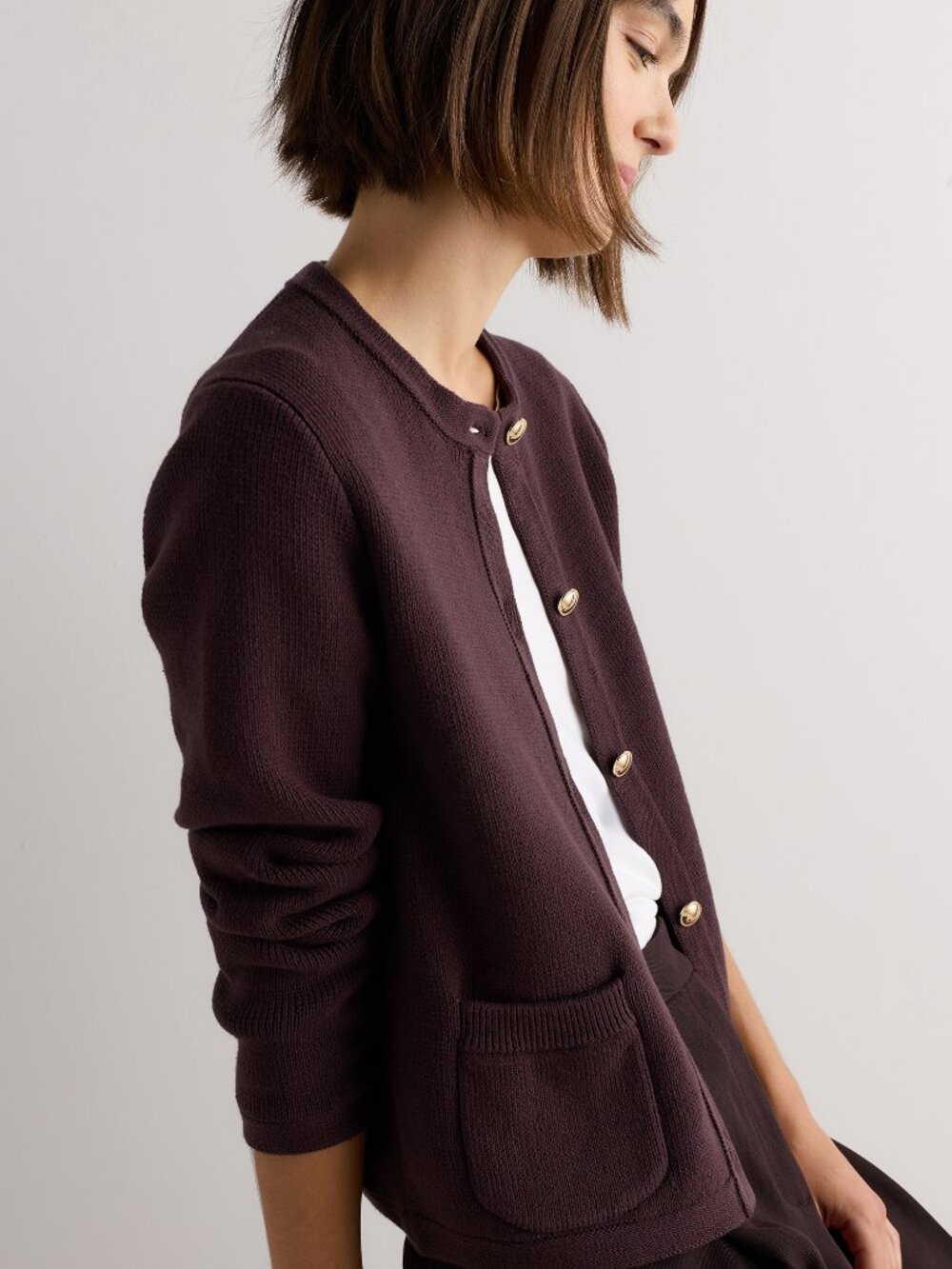 Quince Cotton Sweater Jacket in Chocolate Plum - Picture 3 of 10